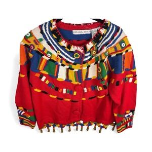 Vtg‎ 90s Michael Simon Womens RARE Beaded Tassel Embroider Cardigan Sweater OSFA